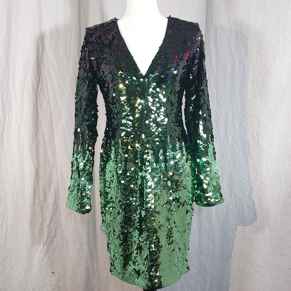 H&M green & black metallic sequin long-sleeved v-neck sheath dress, 6, NWT